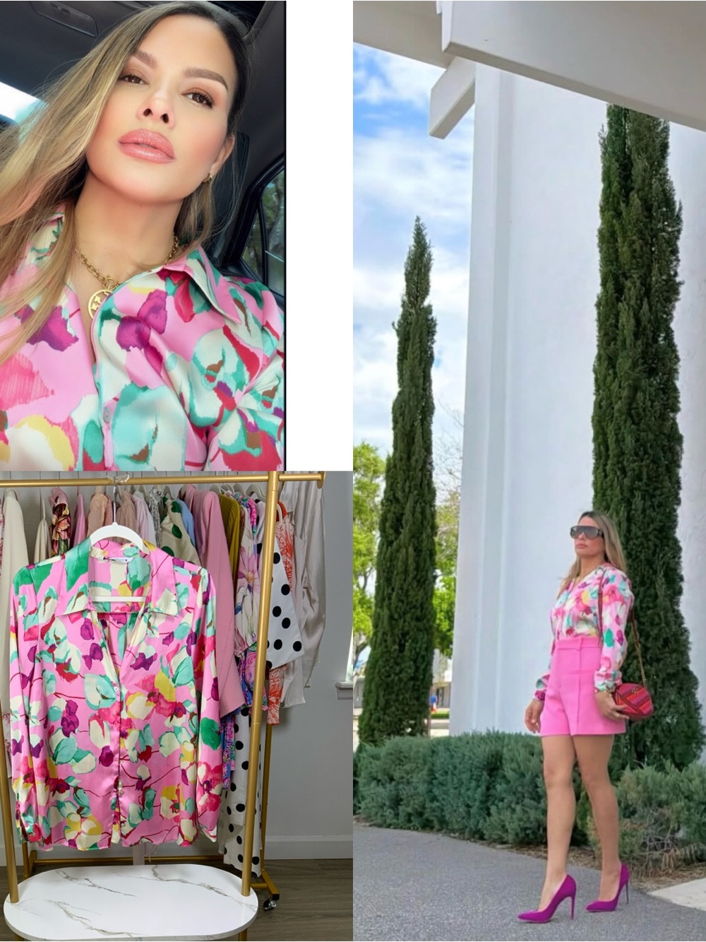 Zara Pink Floral Satin Button-Down Blouse